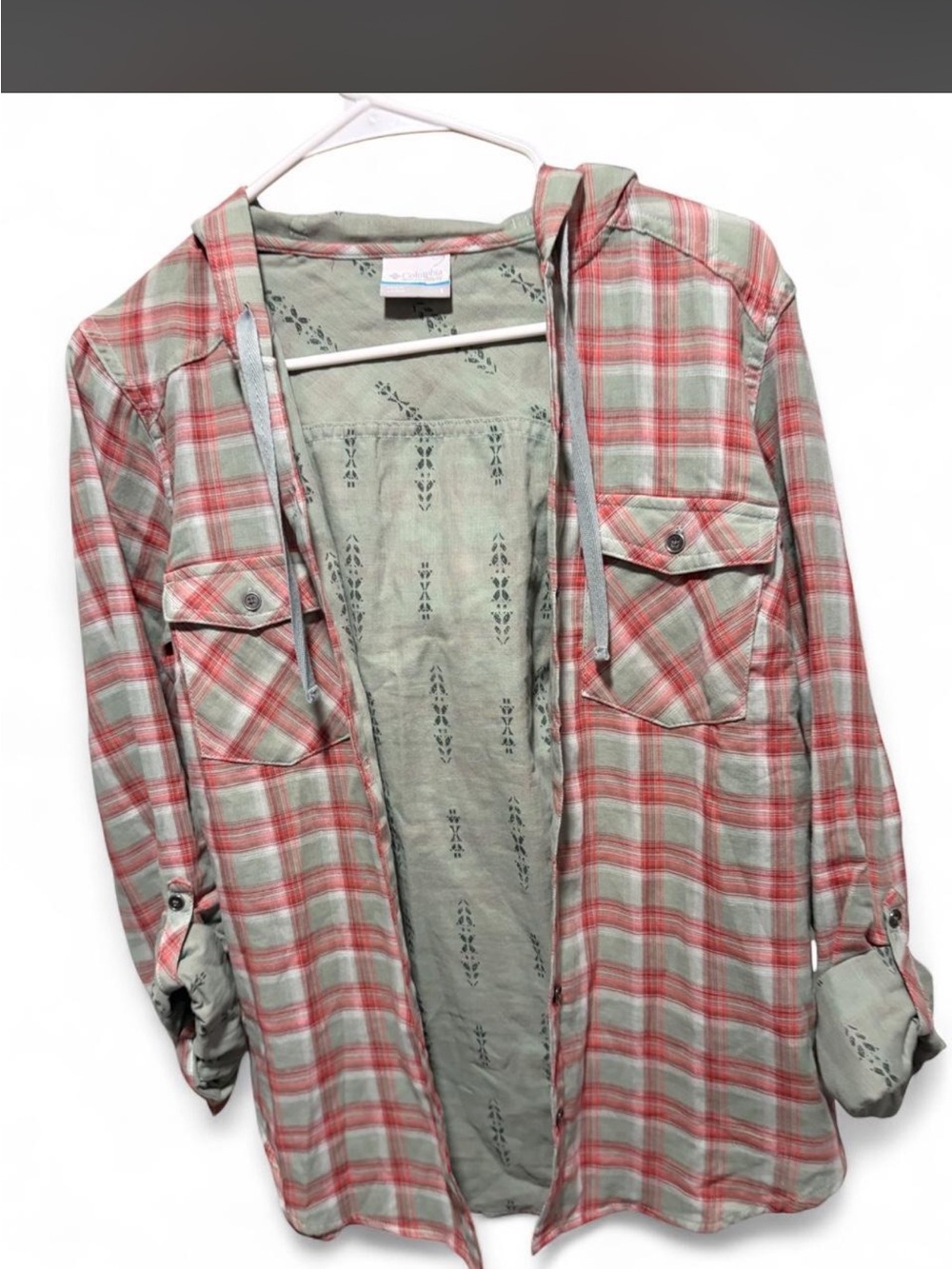 Columbia Light Green & Coral Plaid Hooded Shirt Jacket